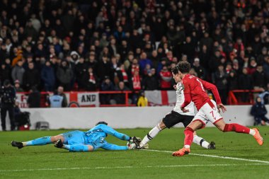 Wayne Hennessey #13 of Nottingham Forest saves a shot from Facundo Pellistri #28 of Manchester United during the Carabao Cup Semi-Finals match Nottingham Forest vs Manchester United at City Ground, Nottingham, United Kingdom, 25th January 202