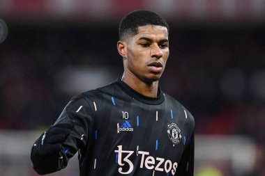 Marcus Rashford #10 of Manchester United during the pre-game warmup ahead of the Carabao Cup Semi-Finals match Nottingham Forest vs Manchester United at City Ground, Nottingham, United Kingdom, 25th January 202