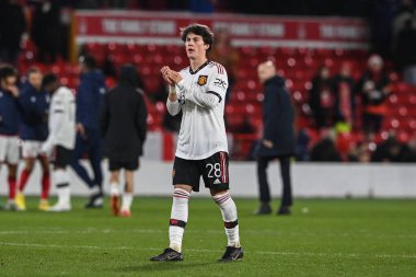 Facundo Pellistri #28 of Manchester United applauds the traveling fans during the Carabao Cup Semi-Finals match Nottingham Forest vs Manchester United at City Ground, Nottingham, United Kingdom, 25th January 202 clipart