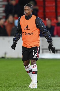 Tyrell Malacia #12 of Manchester United in the pregame warmup session during the Carabao Cup Semi-Finals match Nottingham Forest vs Manchester United at City Ground, Nottingham, United Kingdom, 25th January 202