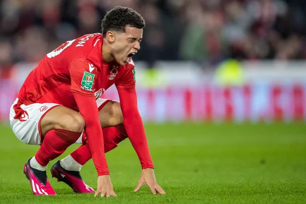 Brennan Johnson #20 of Nottingham Forest reacts to a missed chance at goal during the Carabao Cup Semi-Finals match Nottingham Forest vs Manchester United at City Ground, Nottingham, United Kingdom, 25th January 202