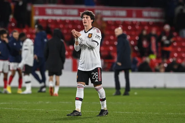 stock image Facundo Pellistri #28 of Manchester United applauds the traveling fans during the Carabao Cup Semi-Finals match Nottingham Forest vs Manchester United at City Ground, Nottingham, United Kingdom, 25th January 202