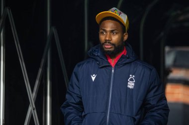 Emmanuel Dennis #25 of Nottingham Forest arrives before the Premier League match Fulham vs Nottingham Forest at Craven Cottage, London, United Kingdom, 11th February 202