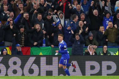 Harvey Barnes #7 of Leicester City celebrates his goal to make it 4-1 but is ruled offside by VARduring the Premier League match Leicester City vs Tottenham Hotspur at King Power Stadium, Leicester, United Kingdom, 11th February 202