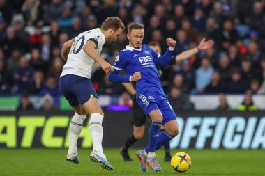 Harry Kane #10 of Tottenham Hotspur is tackled by James Maddison #10 of Leicester City during the Premier League match Leicester City vs Tottenham Hotspur at King Power Stadium, Leicester, United Kingdom, 11th February 202