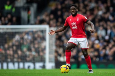 Orel Mangala #5 of Nottingham Forest looks to control the midfield during the Premier League match Fulham vs Nottingham Forest at Craven Cottage, London, United Kingdom, 11th February 202