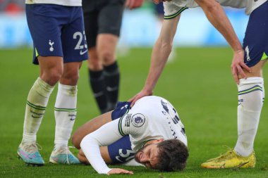 Rodrigo Bentancur #30 of Tottenham Hotspur goes down injured during the Premier League match Leicester City vs Tottenham Hotspur at King Power Stadium, Leicester, United Kingdom, 11th February 202