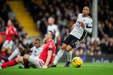 Chris Wood #39 of Nottingham Forest cant quite reach the ball during the Premier League match Fulham vs Nottingham Forest at Craven Cottage, London, United Kingdom, 11th February 202