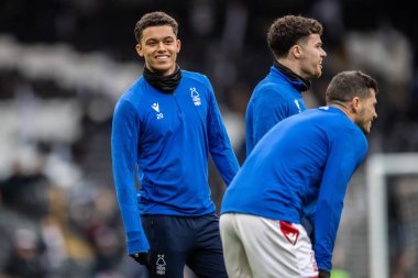 Brennan Johnson #20 of Nottingham Forest warms up before the Premier League match Fulham vs Nottingham Forest at Craven Cottage, London, United Kingdom, 11th February 202