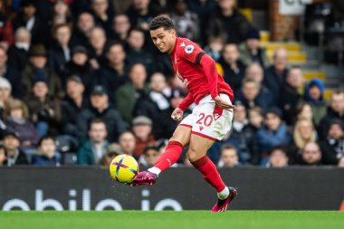 Brennan Johnson #20 of Nottingham Forest crosses into the danger area during the Premier League match Fulham vs Nottingham Forest at Craven Cottage, London, United Kingdom, 11th February 202