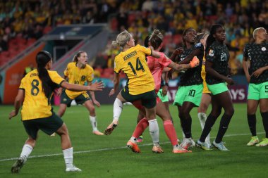 Alanna Kennedy #14 of Australia scores to make it 2-3 during the FIFA Women's World Cup 2023 Group B match Australia Women vs Nigeria Women at Suncorp Stadium, Brisbane, Australia, 27th July 2023 clipart