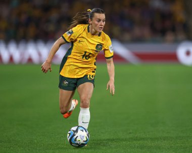 Avustralya 'dan Hayley Raso # 16 ile FIFA Kadınlar Dünya Kupası 2023 B Grubu karşılaşmasında Suncorp Stadyumu, Brisbane, Avustralya, 27 Temmuz 2023