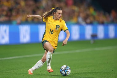 Avustralya 'dan Hayley Raso # 16 ile FIFA Kadınlar Dünya Kupası 2023 B Grubu karşılaşmasında Suncorp Stadyumu, Brisbane, Avustralya, 27 Temmuz 2023