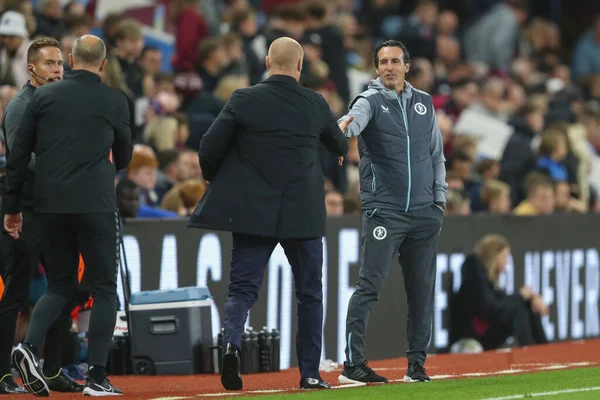 Sean Dyche Manager Everton Unai Emery Manager Aston Villa Shake — Φωτογραφία Αρχείου