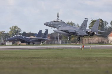 A USAF McDonnell Douglas F-15 Eagle comes in to land at RAF Lakenheath, Lakenheath, United Kingdom, 3rd October 202 clipart