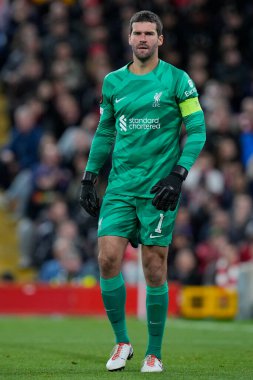 Liverpool 'dan Alisson Becker # 1 UEFA Avrupa Ligi maçı sırasında Anfield, Liverpool' da Liverpool-Union Saint-Gilloise maçı, 5 Ekim 202
