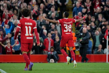 Ryan Gravenberch, UEFA Avrupa Ligi maçı Liverpool-Union Saint-Gilloise maçında Anfield, Liverpool, İngiltere 'de 5 Ekim 202' de 1-0 'lık galibiyet golünü kutluyor.