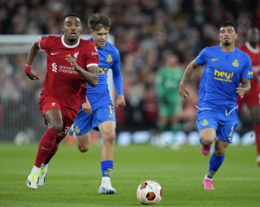Liverpool 'dan Ryan Gravenberch UEFA Avrupa Ligi maçı sırasında Liverpool-Union Saint-Gilloise maçı sırasında Anfield, Liverpool, İngiltere' de 5 Ekim 202 'de mola verdi.
