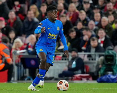 Union Saint-Gilloise 'den Noah Sadiki, 5 Ekim 202' de İngiltere 'nin Liverpool kentinde oynanan Liverpool-Union Saint-Gilloise maçında mola verdi.