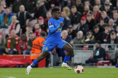 Union Saint-Gilloise 'den Noah Sadiki, 5 Ekim 202' de İngiltere 'nin Liverpool kentinde oynanan Liverpool-Union Saint-Gilloise maçında mola verdi.