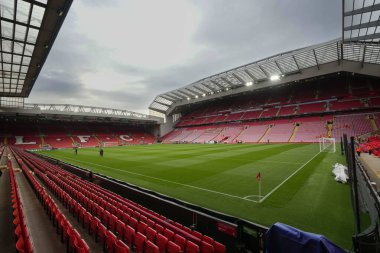 Liverpool Avrupa Ligi maçından önce İngiltere 'nin Liverpool kenti Liverpool Liverpool' da Saint-Gilloise maçına ev sahipliği yapan Anfield Stadyumu 'nun genel görünümü, 5 Ekim 202