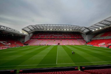 Liverpool Avrupa Ligi maçından önce İngiltere 'nin Liverpool kenti Liverpool Liverpool' da Saint-Gilloise maçına ev sahipliği yapan Anfield Stadyumu 'nun genel görünümü, 5 Ekim 202