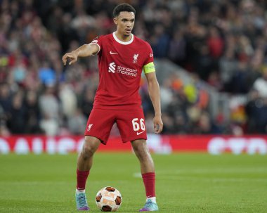 UEFA Avrupa Ligi maçında Liverpool 'dan Trent Alexander-Arnold # 66 Anfield, Liverpool' da Liverpool-Union Saint-Gilloise maçı, 5 Ekim 202