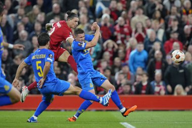 Liverpool 'dan Darwin Nez # 9, UEFA Avrupa Ligi maçında İngiltere' nin Liverpool kenti Liverpool 'da oynanan 5 Ekim 2023' te Liverpool-Union Saint-Gilloise maçında Birlik Saint-Gilloise golünü attı.