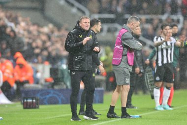 Newcastle United takımının teknik direktörü Eddie Howe, UEFA Şampiyonlar Ligi maçı sırasında takım talimatlarını verir. Newcastle United, Borussia Dortmund 'a karşı St. James' s Park, Newcastle, İngiltere, 25 Ekim 2023