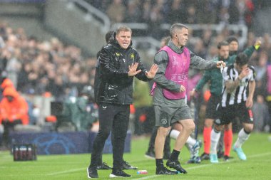 Newcastle United takımının teknik direktörü Eddie Howe, UEFA Şampiyonlar Ligi maçı sırasında takım talimatlarını verir. Newcastle United, Borussia Dortmund 'a karşı St. James' s Park, Newcastle, İngiltere, 25 Ekim 2023