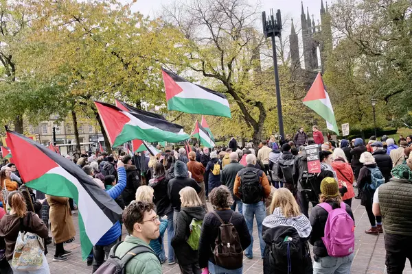 stock image People take to the streets of Newcastle as part of the Palestine Solidarity Campaign March from Civic Centre to Grey Monument at Newcastle City Centre, Newcastle, United Kingdom, 4th November 2023