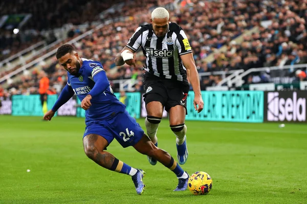 Newcastle United 'tan Joelinton # 7' ye Chelsea Premier Ligi 'nden Newcastle United' a karşı 25 Kasım 2023 'te St. James' s Park, Newcastle, İngiltere 'de oynanan karşılaşmada Reece James # 24 tarafından mülkiyet hakkı için meydan okundu.