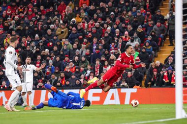 UEFA Avrupa Ligi E Grubu Liverpool-LASK maçı sırasında 30 Kasım 2023 'te Anfield, Liverpool, İngiltere' de oynanan Liverpool-LASK maçında LASK 'ın 1 numaralı oyuncusu Cody Gakpo # 18.