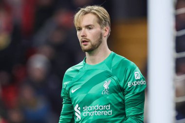 Liverpool 'dan Caoimhin Kelleher # 62 UEFA Avrupa Ligi E Grubu maçı sırasında Liverpool - LASK Anfield, Liverpool, İngiltere, 30 Kasım 2023