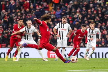 Liverpool 'dan Mohamed Salah # 11 UEFA Avrupa Ligi E Grubu maçında Anfield, Liverpool, İngiltere' de 30 Kasım 2023 'te Liverpool-LASK maçında 3-0 berabere kaldı.
