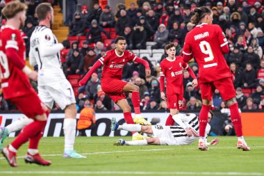 Cody Gakpo #18 of Liverpool scores to make it 4-0 during the UEFA Europa League Group E match Liverpool vs LASK at Anfield, Liverpool, United Kingdom, 30th November 2023 clipart