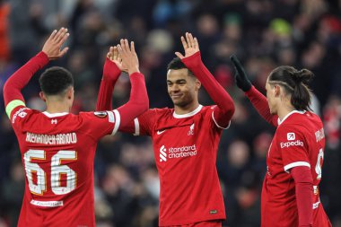 Liverpool 'dan Cody Gakpo, 30 Kasım 2023 tarihinde İngiltere' nin Liverpool kentinde oynanan Liverpool-LASK maçında 4-0 kazanma hedefini kutluyor.