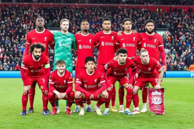 Liverpool takımı fotoğrafı UEFA Avrupa Ligi E Grubu maçı öncesinde Liverpool-LASK maçında 30 Kasım 2023 'te Liverpool, İngiltere' de çekilmiştir.