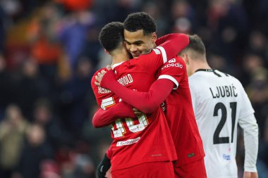 Liverpool 'dan Cody Gakpo, 30 Kasım 2023 tarihinde Liverpool, Liverpool, İngiltere' de oynanan UEFA Avrupa Ligi E Grubu maçında 4-0 'lık galibiyetini kutluyor.