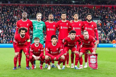 Liverpool takımı fotoğrafı UEFA Avrupa Ligi E Grubu maçı öncesinde Liverpool-LASK maçında 30 Kasım 2023 'te Liverpool, İngiltere' de çekilmiştir.