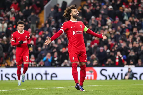 stock image Mohamed Salah #11 of Liverpool celebrates his goal to make it 3-0 during the UEFA Europa League Group E match Liverpool vs LASK at Anfield, Liverpool, United Kingdom, 30th November 2023