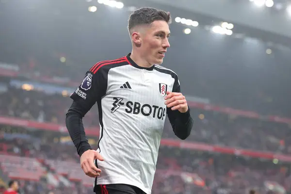 stock image Harry Wilson #8 of Fulham celebrates his goal to make it 1-1 during the Premier League match Liverpool vs Fulham at Anfield, Liverpool, United Kingdom, 3rd December 2023