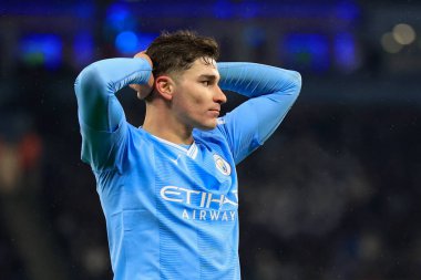 Manchester City Premier Lig karşılaşmasında kaçırılan şansa Julin Ivarez # 19 tepki gösterdi Manchester City - Tottenham Hotspur Etihad Stadyumu, Manchester, İngiltere, 3 Aralık 2023