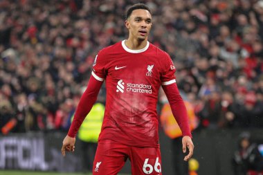 Liverpool 'dan Trent Alexander-Arnold 3 Aralık 2023' te Liverpool Fulham 'a karşı oynanan Premier Lig maçında 4-3' lük galibiyet golünü kutluyor.