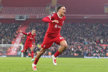 Liverpool 'dan Trent Alexander-Arnold 3 Aralık 2023' te Liverpool Fulham 'a karşı oynanan Premier Lig maçında 4-3' lük galibiyet golünü kutluyor.