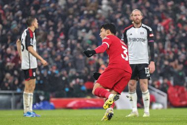 Liverpool 'dan Wataru Endo # 3 Premier League maçında Liverpool Fulham' a karşı Anfield, Liverpool, İngiltere, 3 Aralık 2023 'te 3-3' lük galibiyet golünü kutluyor.