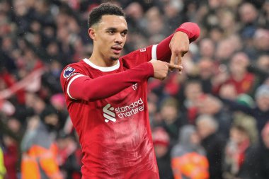 Liverpool 'dan Trent Alexander-Arnold 3 Aralık 2023' te Liverpool Fulham 'a karşı oynanan Premier Lig maçında 4-3' lük galibiyet golünü kutluyor.