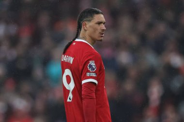 Liverpool 'dan Darwin Nez # 9 Premier Lig maçı sırasında plakalı at kuyruğuyla Liverpool Fulham' a karşı Anfield, Liverpool, İngiltere, 3 Aralık 2023