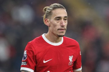 Liverpool 'dan Kostas Tsimikas # 21 Premier League maçında Liverpool Fulham' a karşı Anfield, Liverpool, İngiltere, 3 Aralık 2023