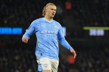 Manchester City - Tottenham Hotspur Premier Lig maçı sırasında Manchester City 'den Erling Haaland # 9 numara Etihad Stadyumu, Manchester, İngiltere, 3 Aralık 2023